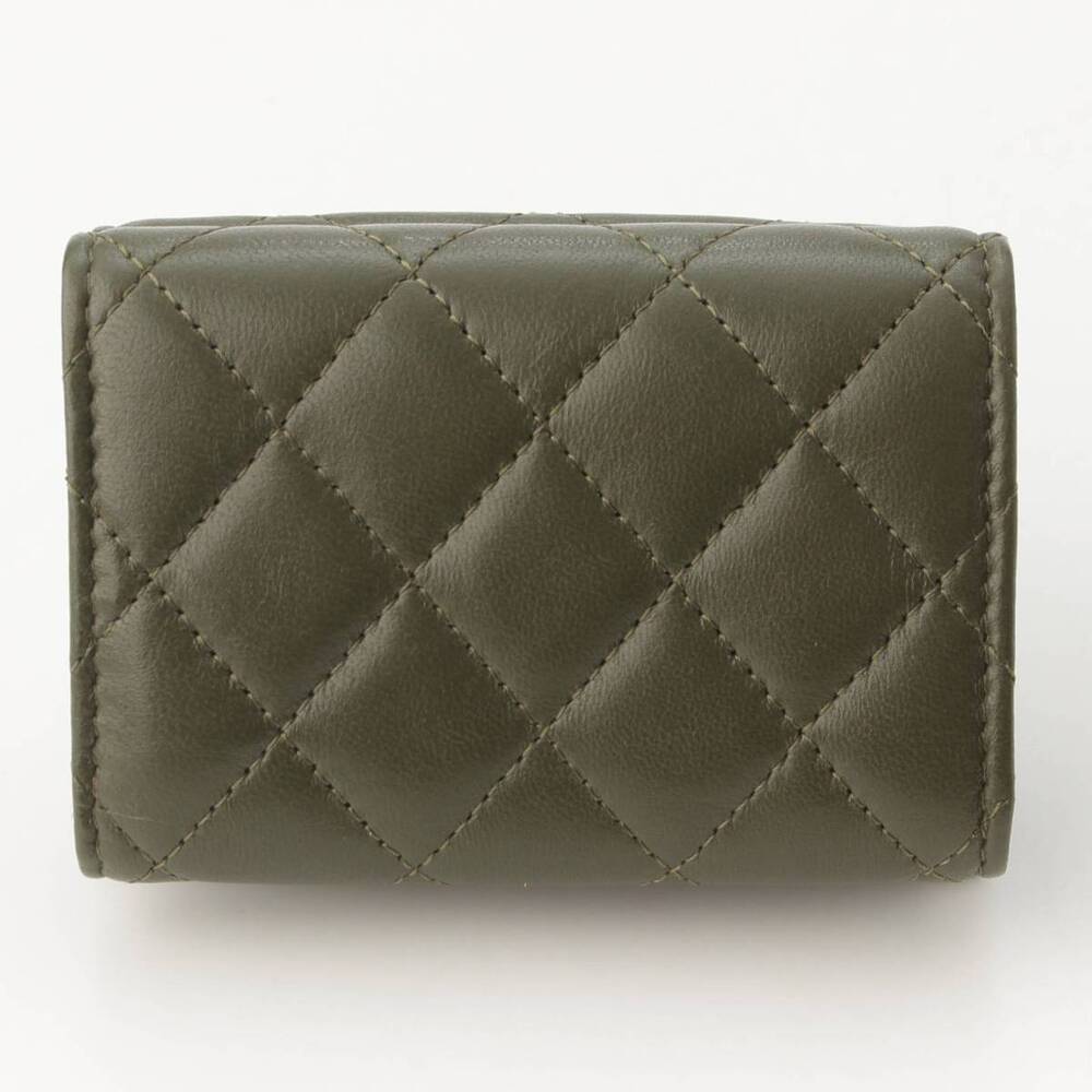 Chanel Khaki Classic Matelasse Lambskin Wallet Coco Mark fold Tri
